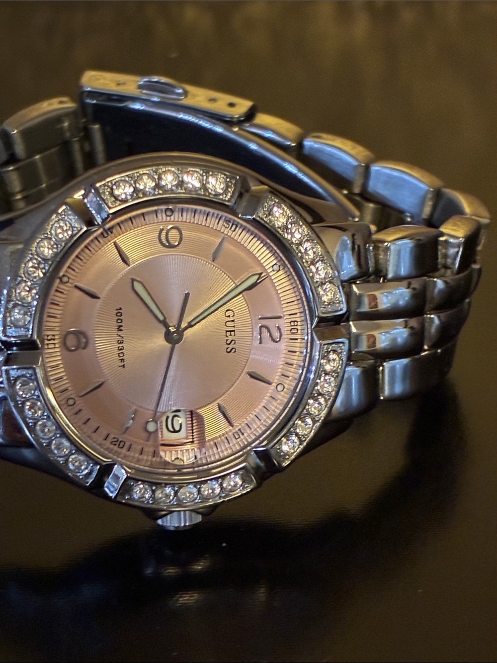GUESS Silver Bracelet Watch with Pink Dial and Crystal Bezel